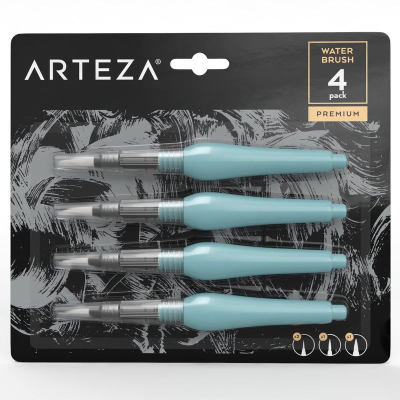 ARTEZA Water Brush Pen  Set of 4  Assorted Soft Nylon Bristle Tips  Self-Moistening Water Brush  Refillable Water Pen - Image 1